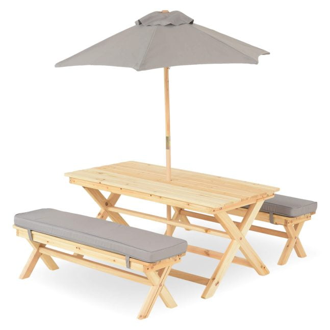 KIDS PICNIC Set mobilier terasă/grădină 2 banchete, masă și umbrelă