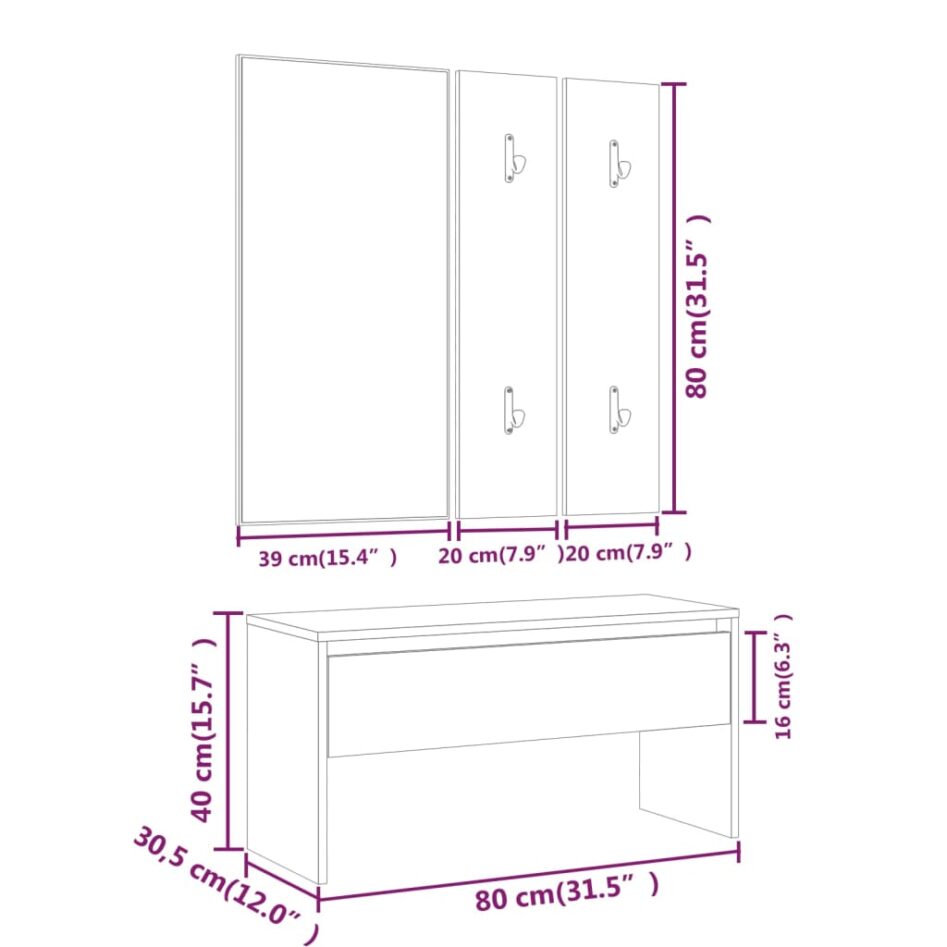 Set de mobilier pentru hol, alb extralucios, lemn prelucrat - imagine 8