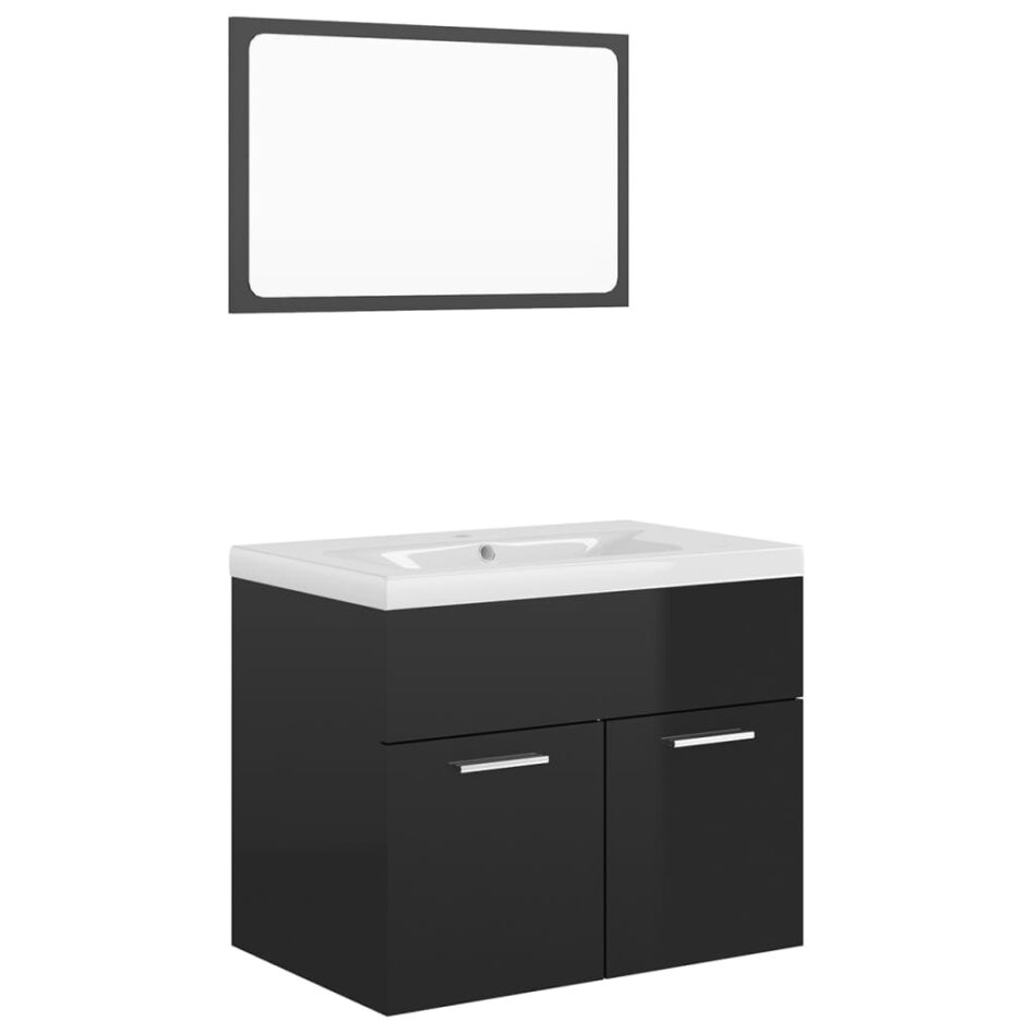 Set mobilier de baie, negru extralucios, lemn prelucrat - imagine 2