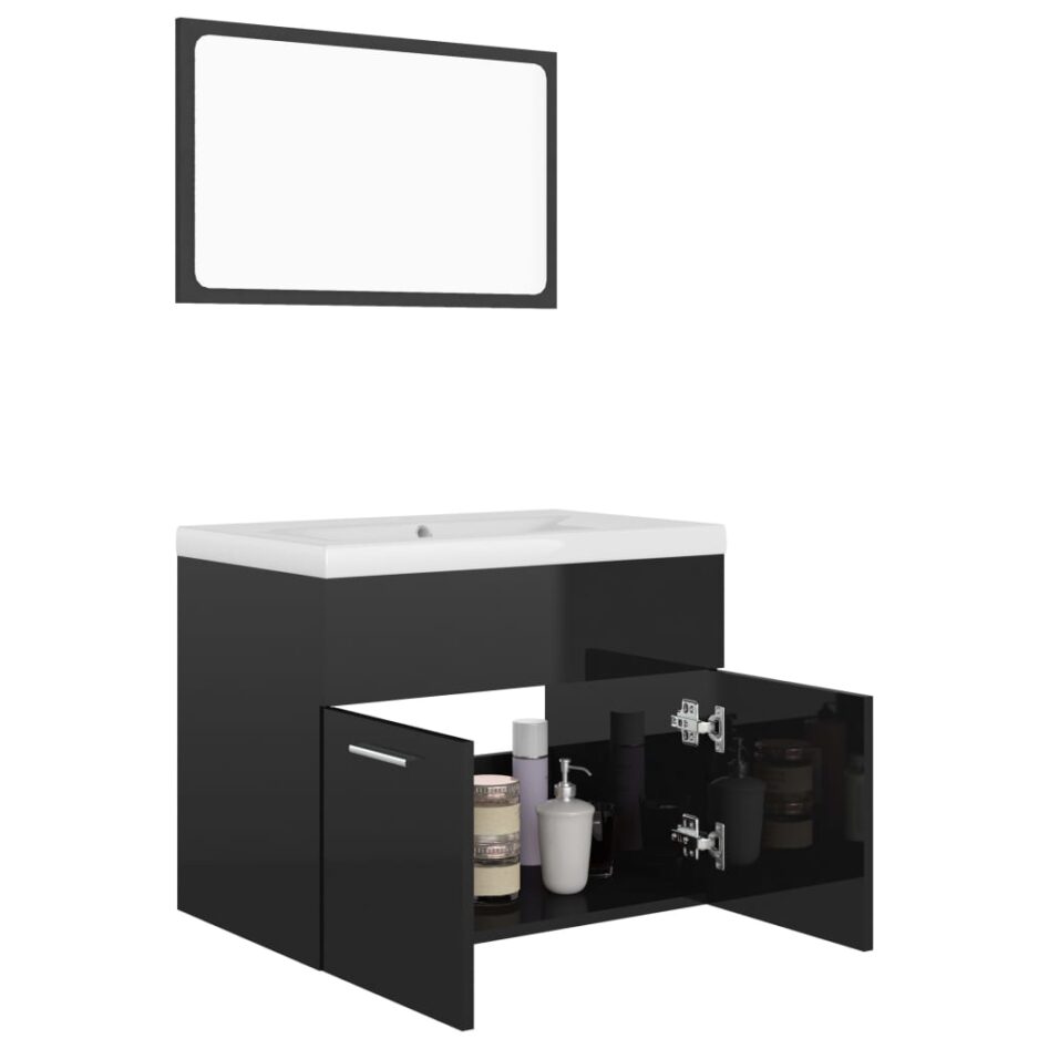 Set mobilier de baie, negru extralucios, lemn prelucrat - imagine 6