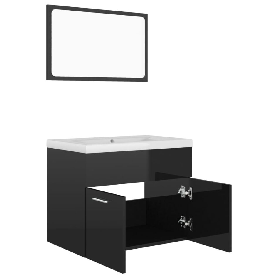 Set mobilier de baie, negru extralucios, lemn prelucrat - imagine 7