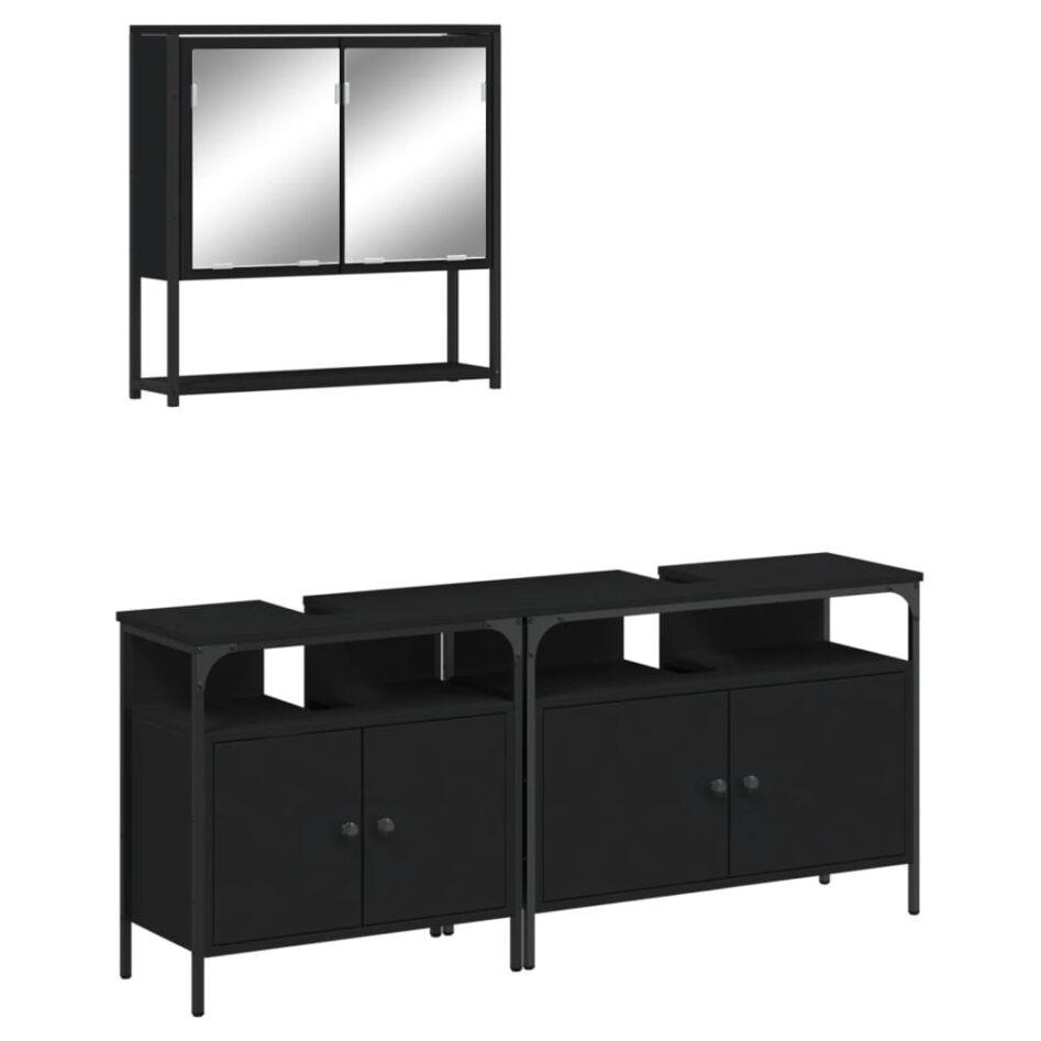 Set mobilier de baie, 3 piese, negru, lemn compozit - imagine 2