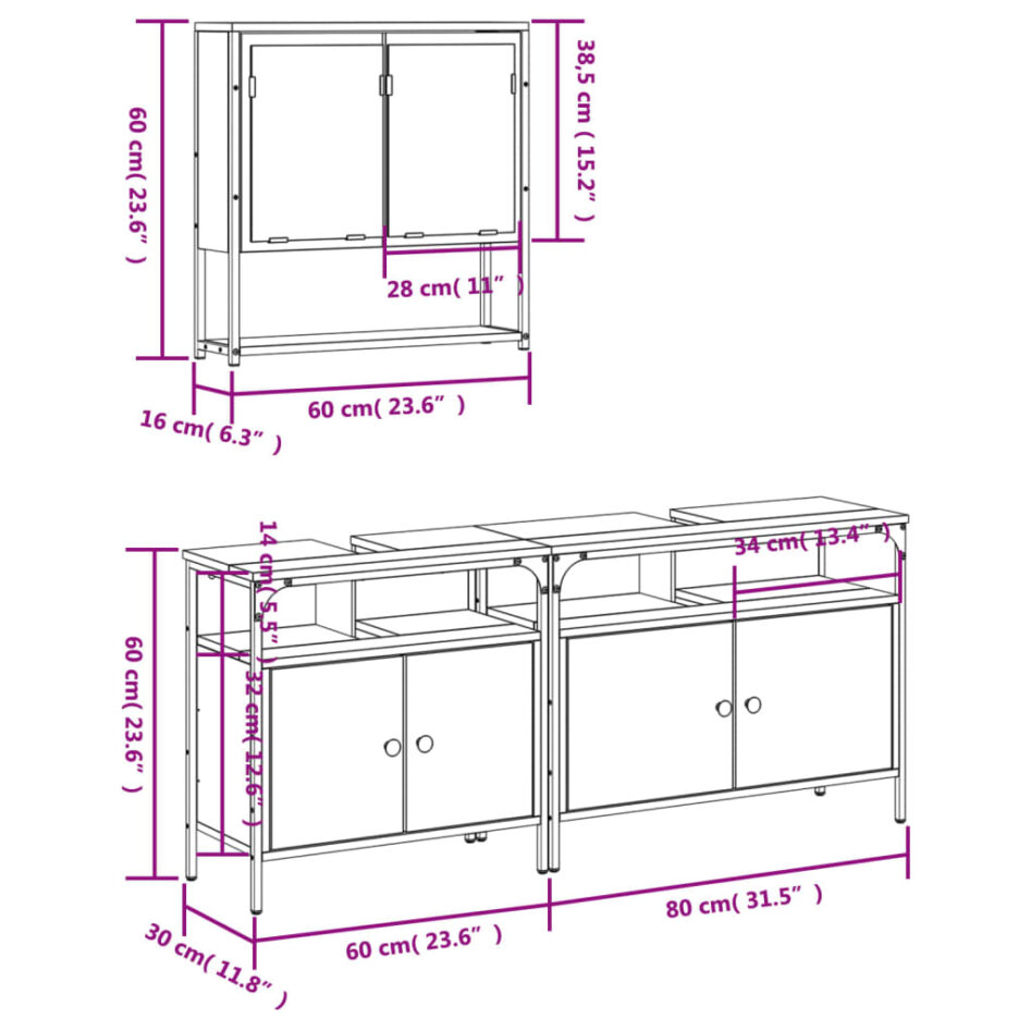 Set mobilier de baie, 3 piese, negru, lemn compozit - imagine 12