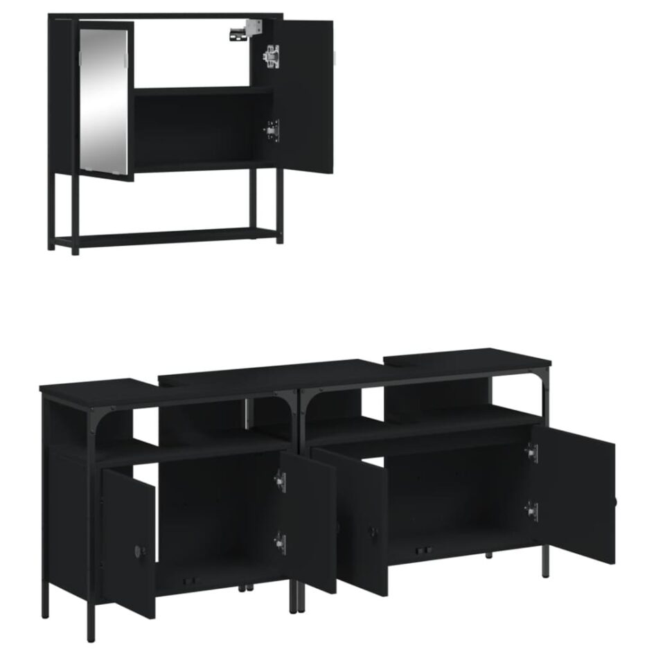 Set mobilier de baie, 3 piese, negru, lemn compozit - imagine 6