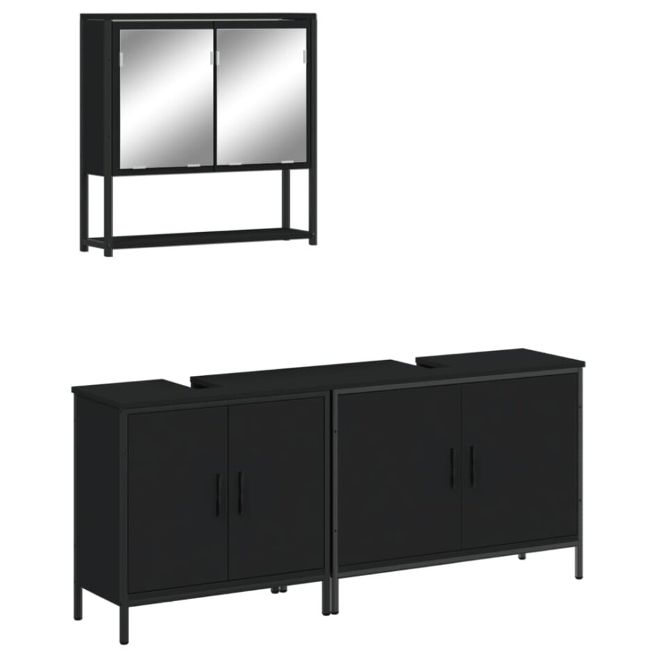 Set mobilier de baie, 3 piese, negru, lemn compozit - imagine 2