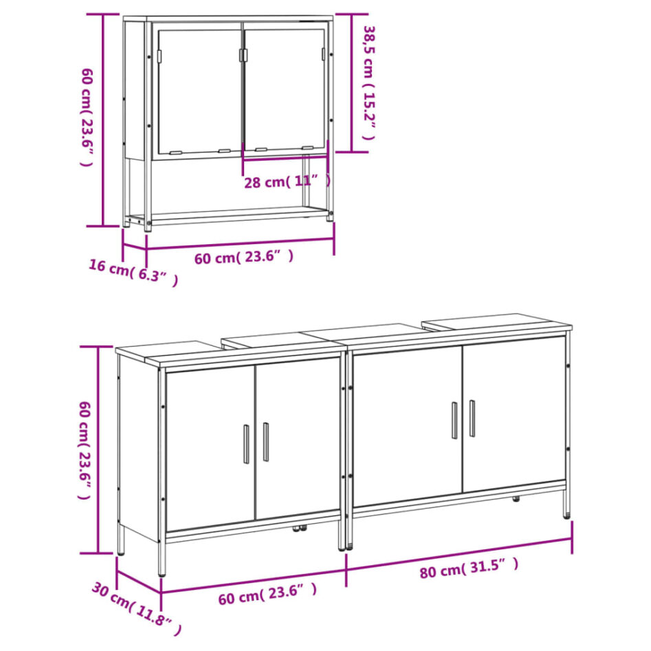 Set mobilier de baie, 3 piese, negru, lemn compozit - imagine 12