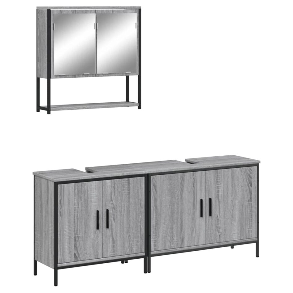 Set mobilier de baie, 3 piese, gri sonoma, lemn prelucrat - imagine 2