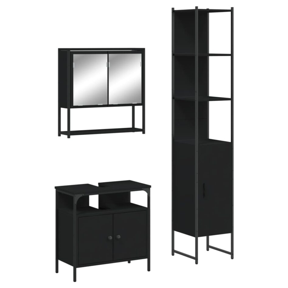 Set mobilier de baie, 3 piese, negru, lemn compozit - imagine 2