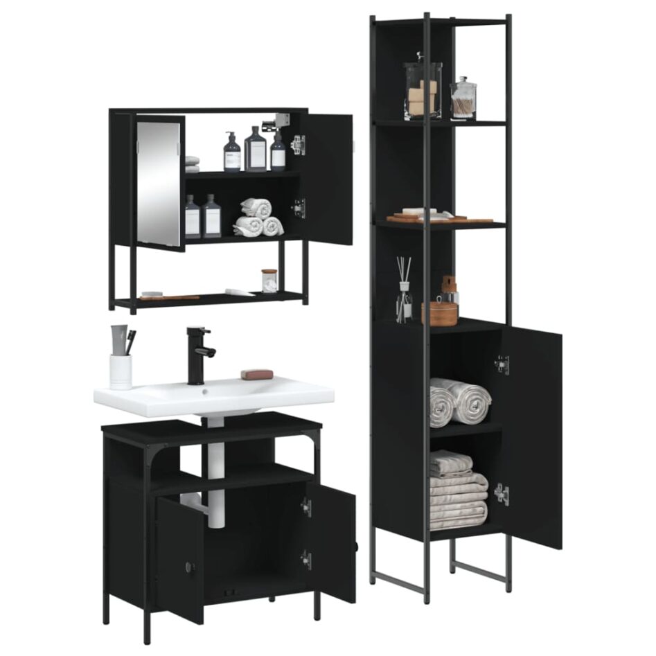 Set mobilier de baie, 3 piese, negru, lemn compozit - imagine 4