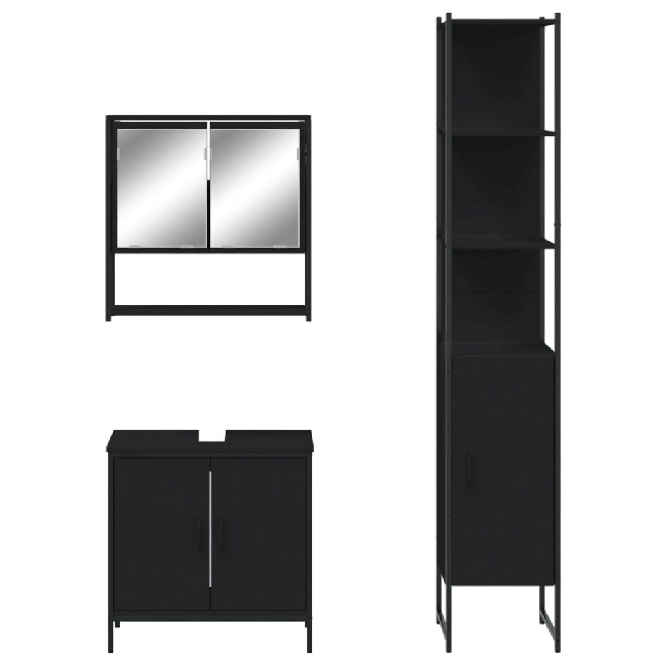 Set mobilier de baie, 3 piese, negru, lemn compozit - imagine 6