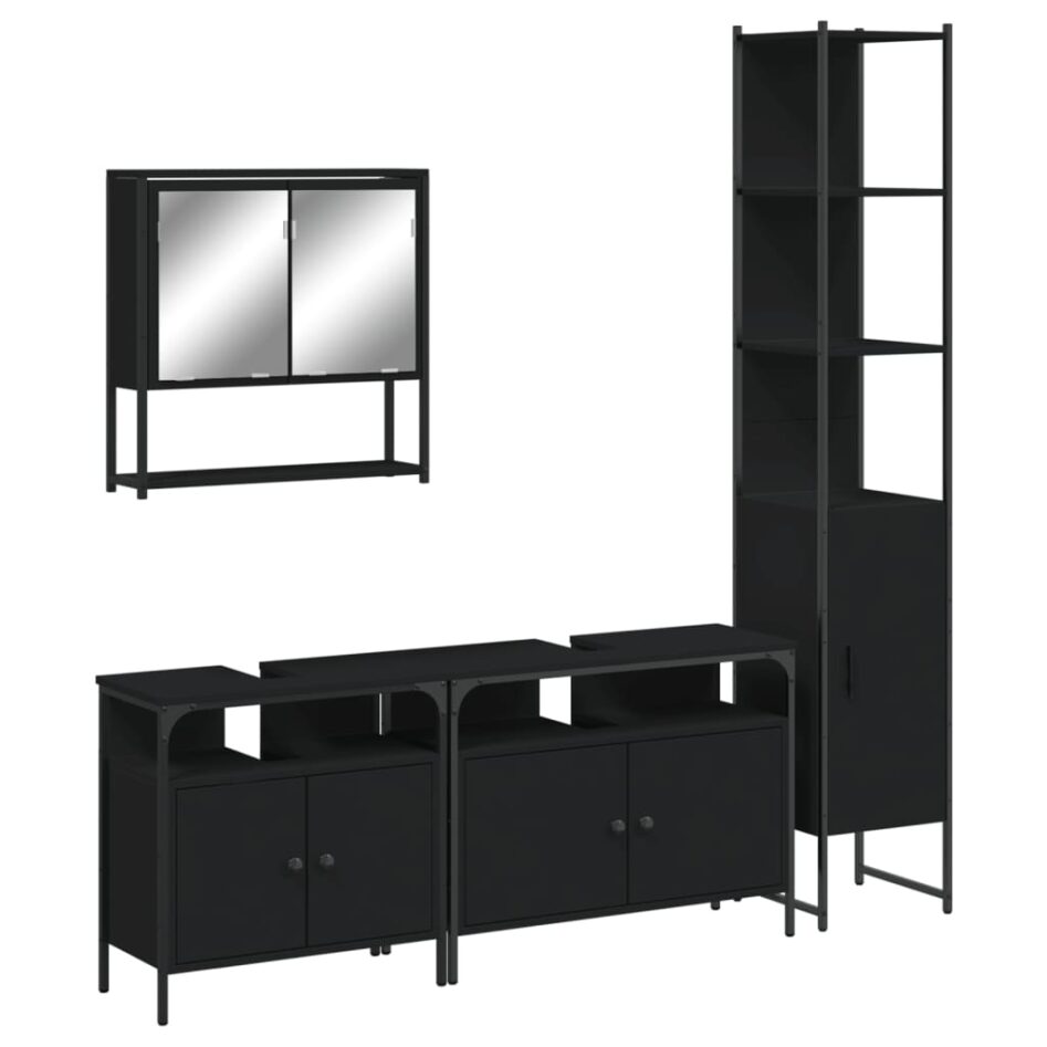 Set mobilier de baie, 4 piese, negru, lemn prelucrat - imagine 2