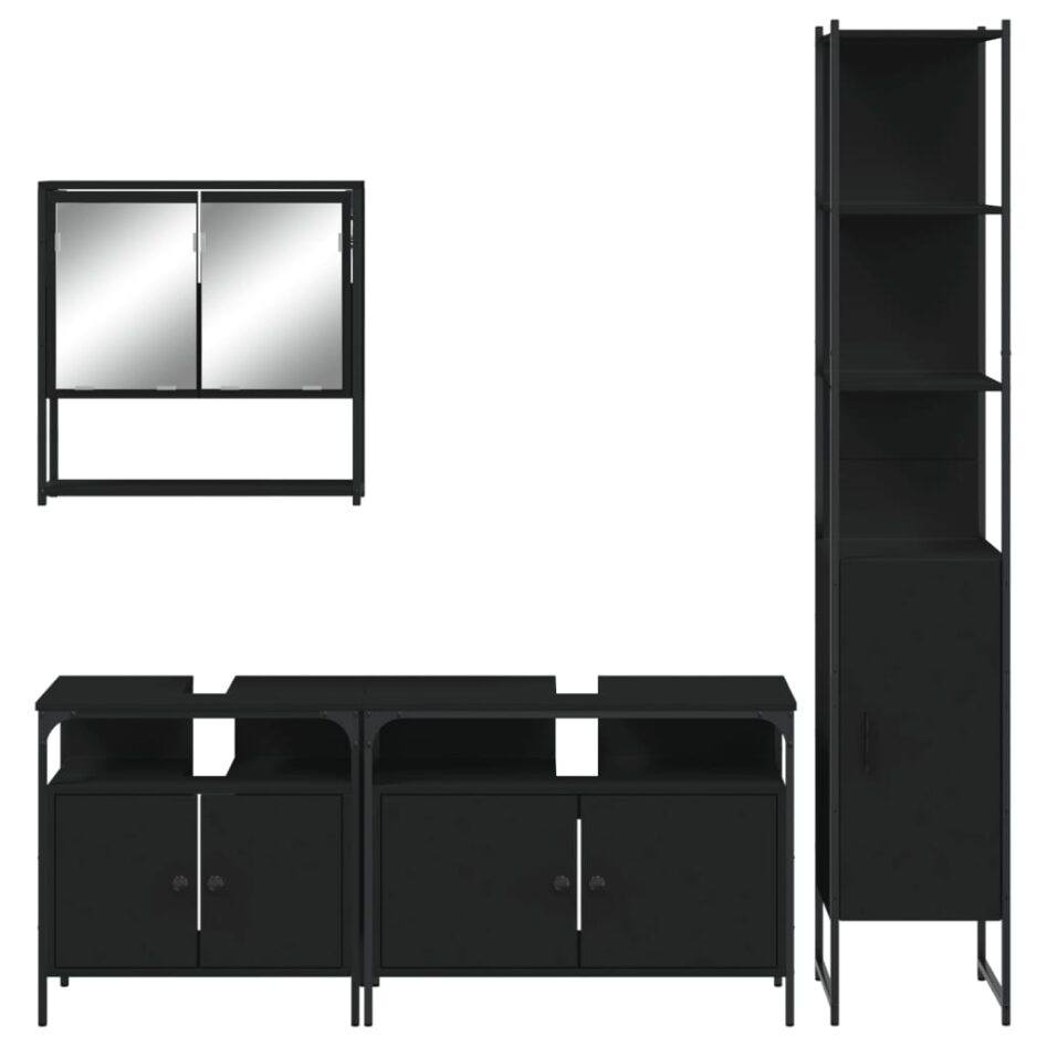 Set mobilier de baie, 4 piese, negru, lemn prelucrat - imagine 6