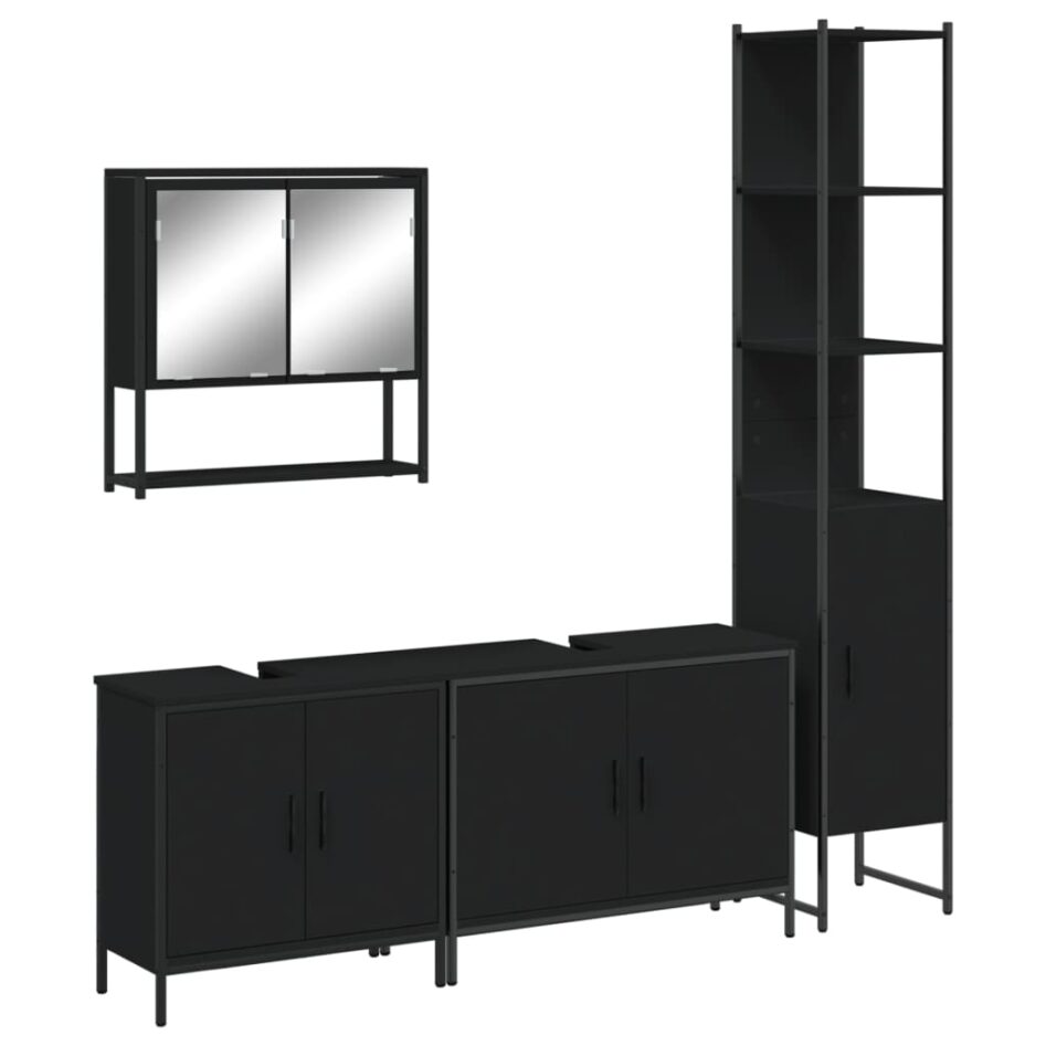 Set mobilier de baie, 4 piese, negru, lemn prelucrat - imagine 2