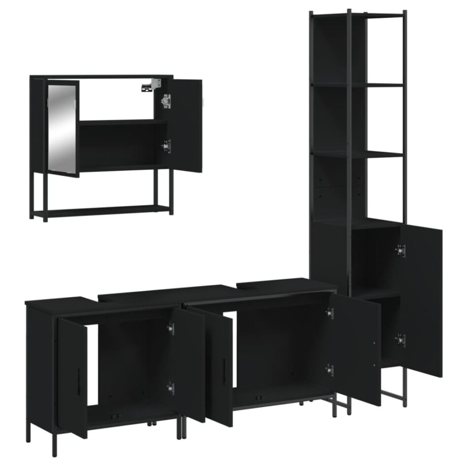 Set mobilier de baie, 4 piese, negru, lemn prelucrat - imagine 5