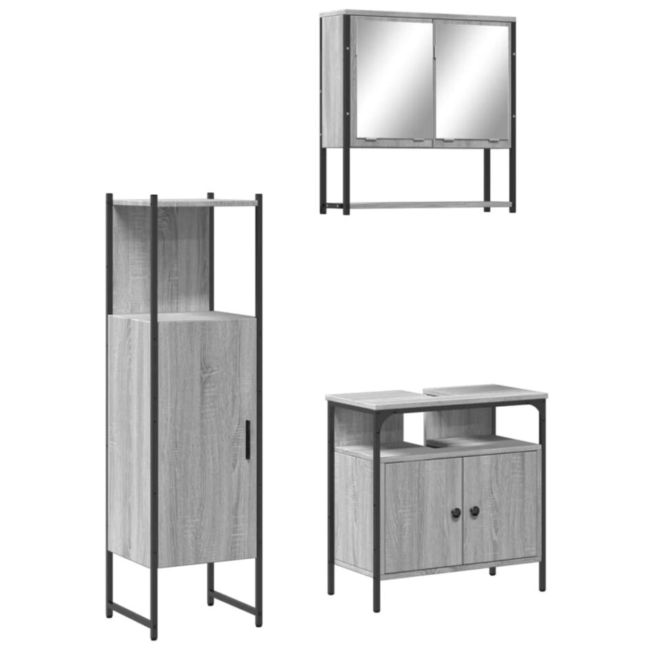 Set mobilier de baie, 3 piese, gri sonoma, lemn prelucrat - imagine 2