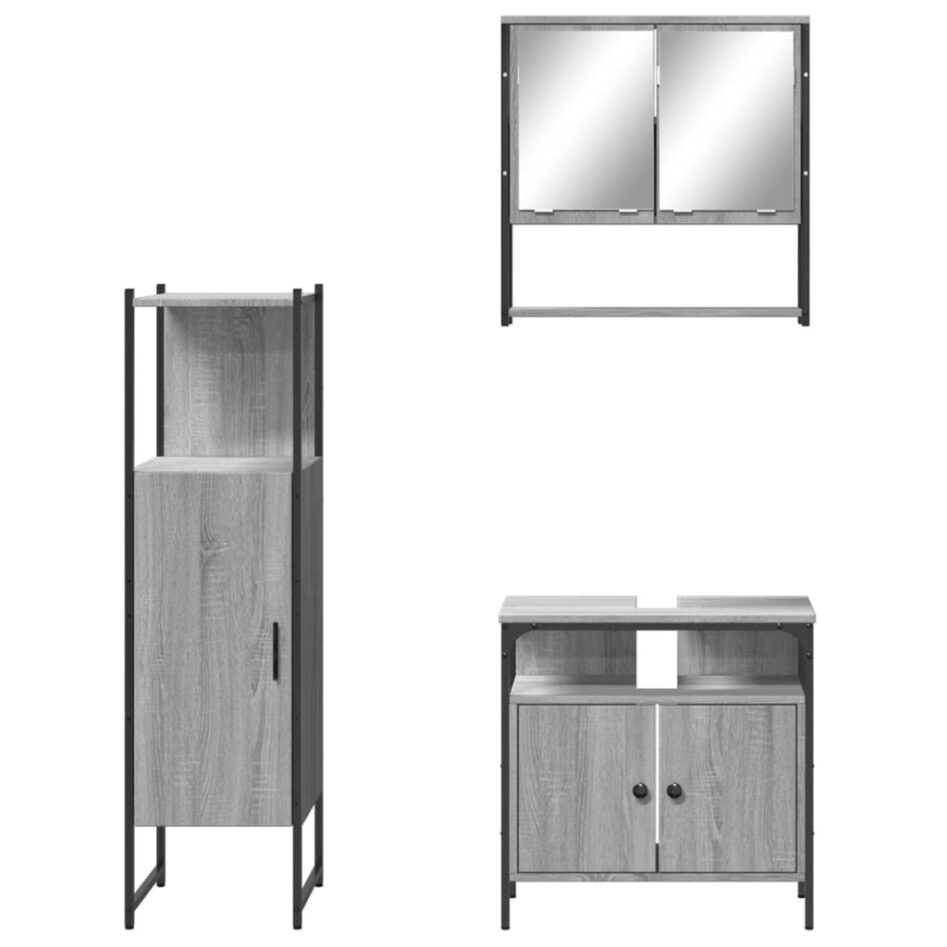 Set mobilier de baie, 3 piese, gri sonoma, lemn prelucrat - imagine 6