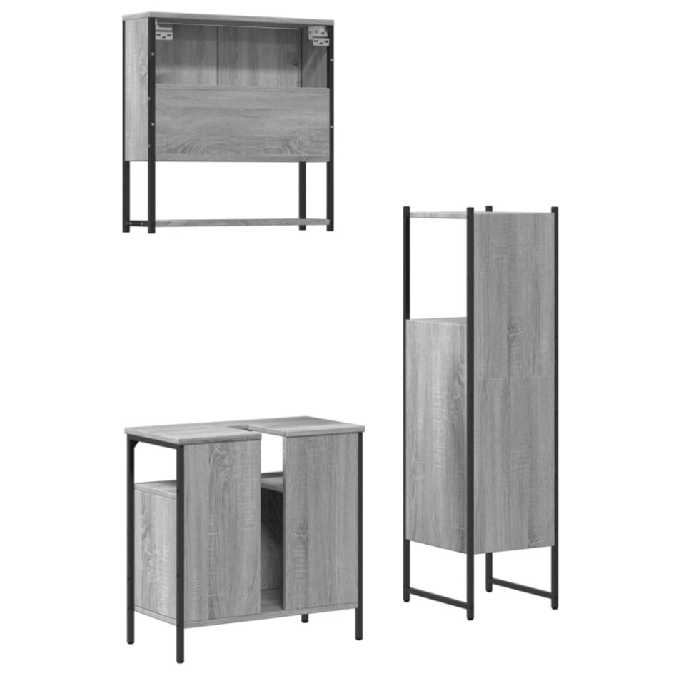 Set mobilier de baie, 3 piese, gri sonoma, lemn prelucrat - imagine 8