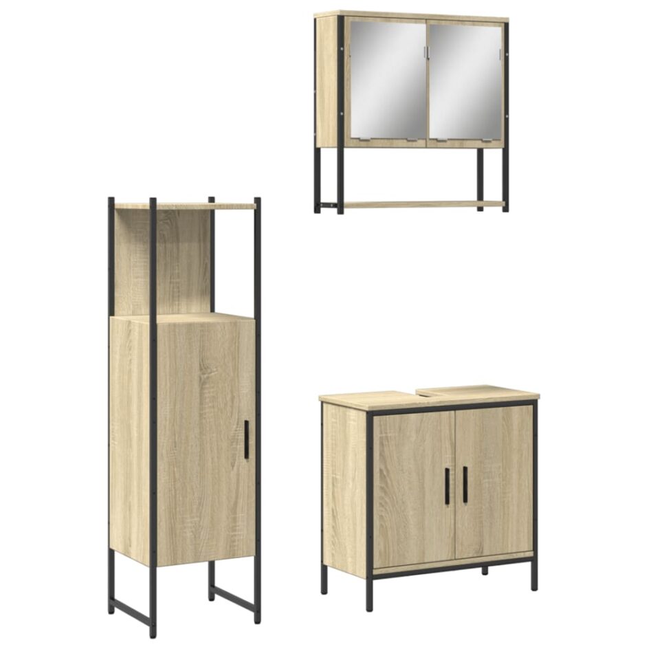 Set mobilier de baie, 3 piese, stejar sonoma, lemn prelucrat - imagine 2