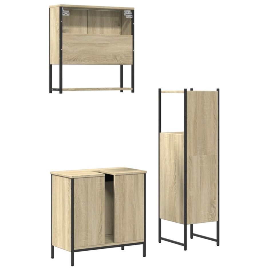 Set mobilier de baie, 3 piese, stejar sonoma, lemn prelucrat - imagine 8