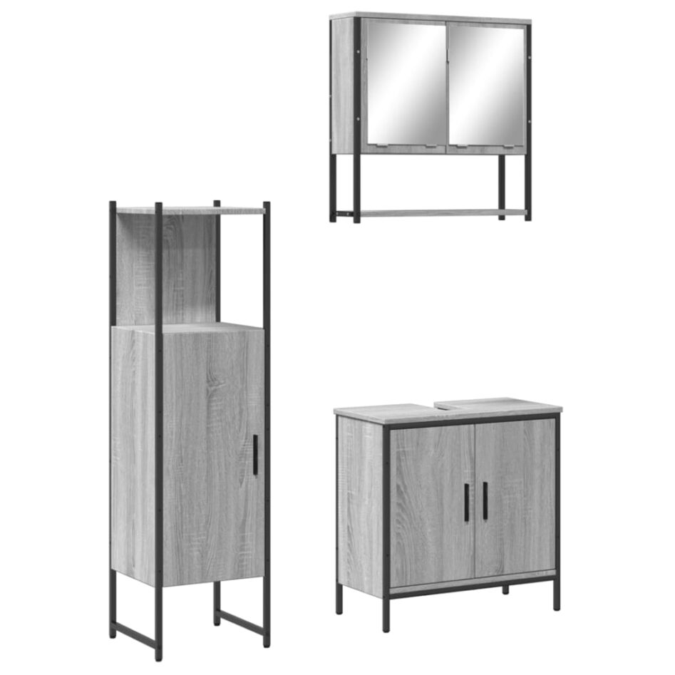 Set mobilier de baie, 3 piese, gri sonoma, lemn prelucrat - imagine 2