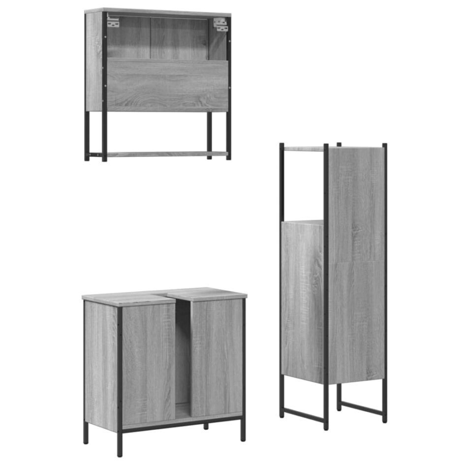 Set mobilier de baie, 3 piese, gri sonoma, lemn prelucrat - imagine 8