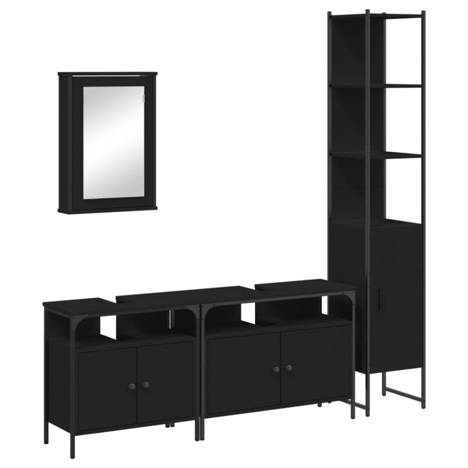 Set mobilier de baie, 4 piese, negru, lemn prelucrat - imagine 2