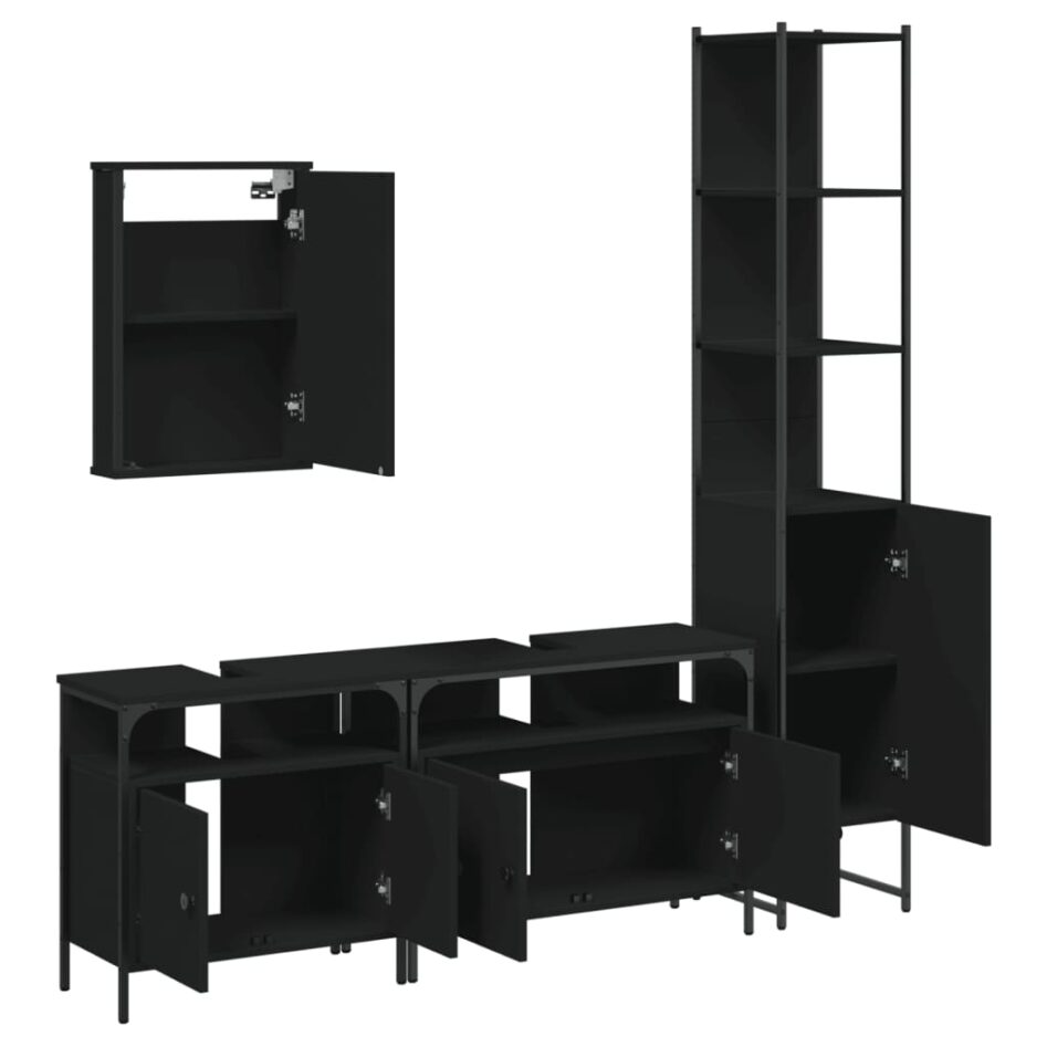 Set mobilier de baie, 4 piese, negru, lemn prelucrat - imagine 5