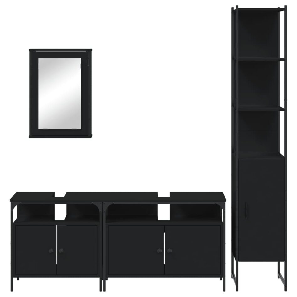 Set mobilier de baie, 4 piese, negru, lemn prelucrat - imagine 6