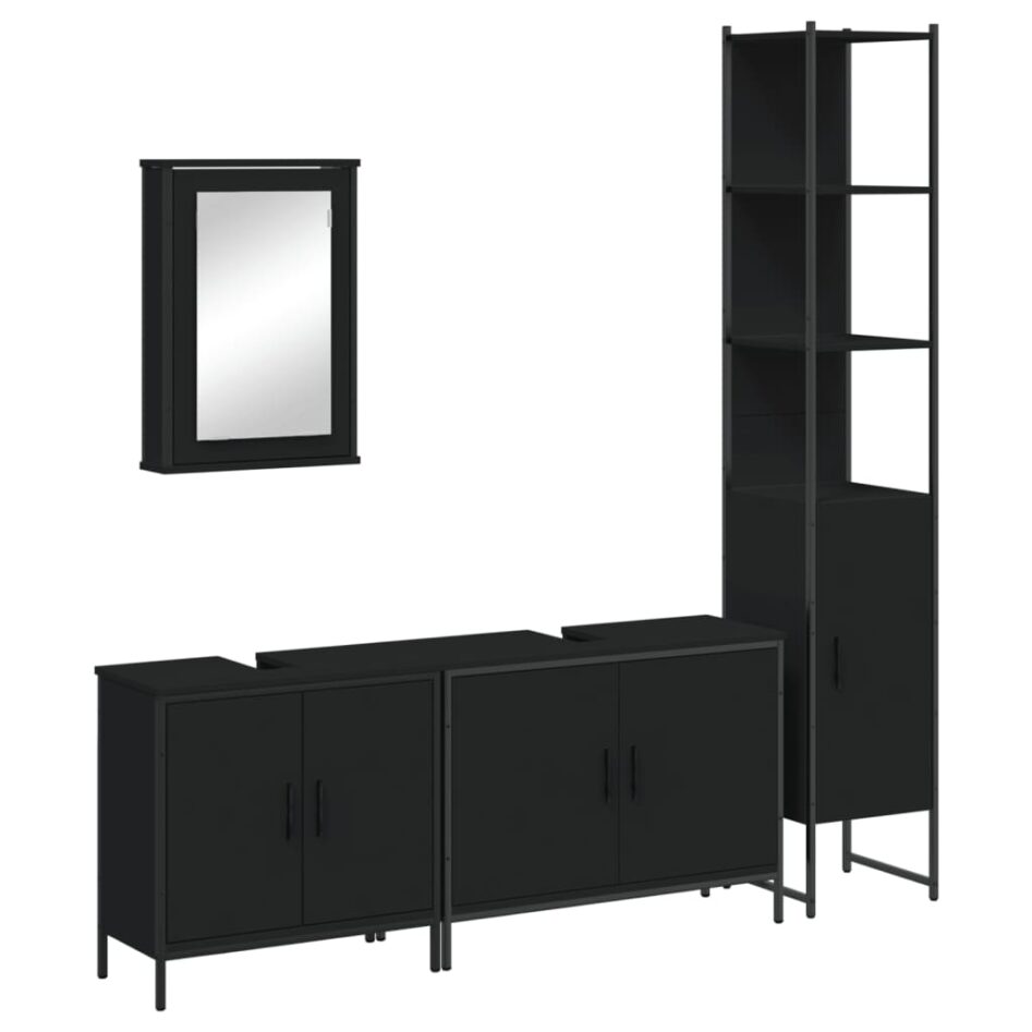 Set mobilier de baie, 4 piese, negru, lemn prelucrat - imagine 2