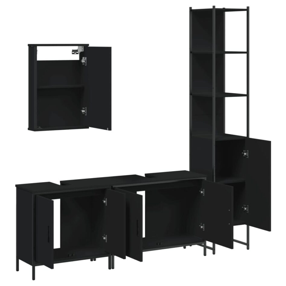 Set mobilier de baie, 4 piese, negru, lemn prelucrat - imagine 5