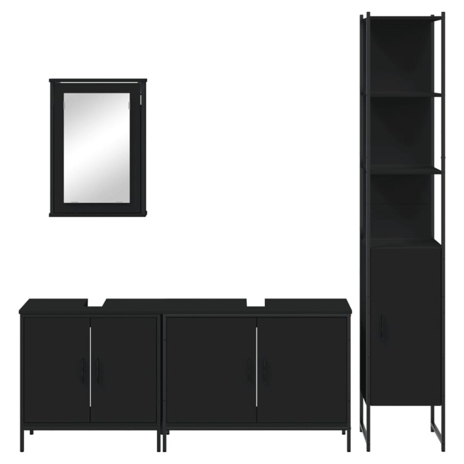 Set mobilier de baie, 4 piese, negru, lemn prelucrat - imagine 6