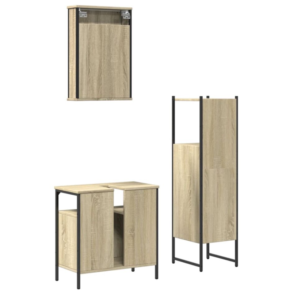 Set mobilier de baie, 3 piese, stejar sonoma, lemn prelucrat - imagine 8