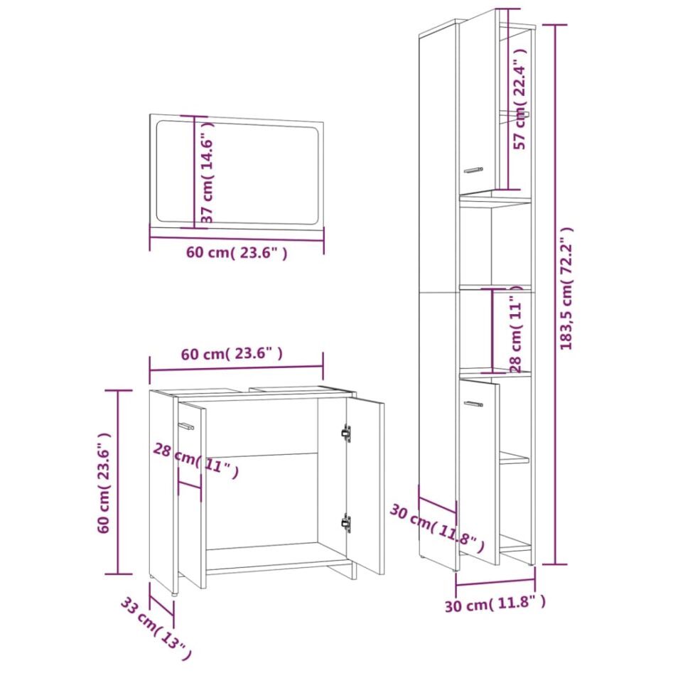 Set mobilier de baie, 3 piese, stejar fumuriu, lemn prelucrat - imagine 6