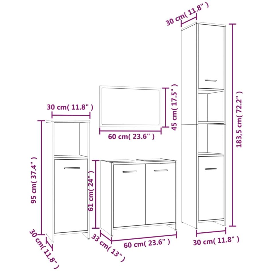 Set mobilier de baie, 4 piese, stejar fumuriu, lemn prelucrat - imagine 11