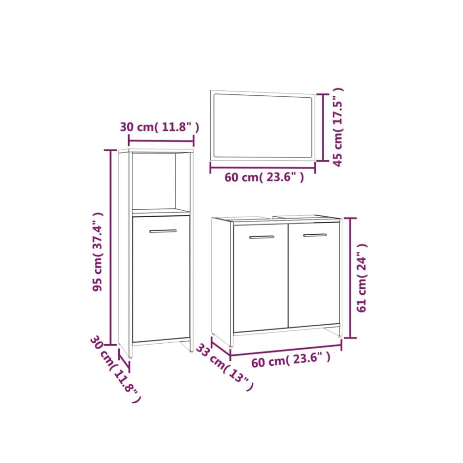 Set mobilier de baie, 3 piese, stejar fumuriu, lemn prelucrat - imagine 10