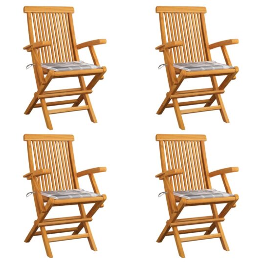 Scaune de grădină cu perne gri carouri, 4 buc., lemn masiv tec