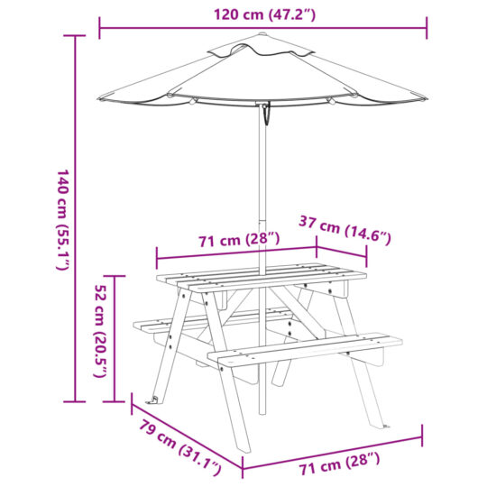 VXL8721102642685 g en hd 9 Masă de picnic pentru 4 copii, cu umbrelă, lemn masiv brad VXL8721102642685 g en hd 9