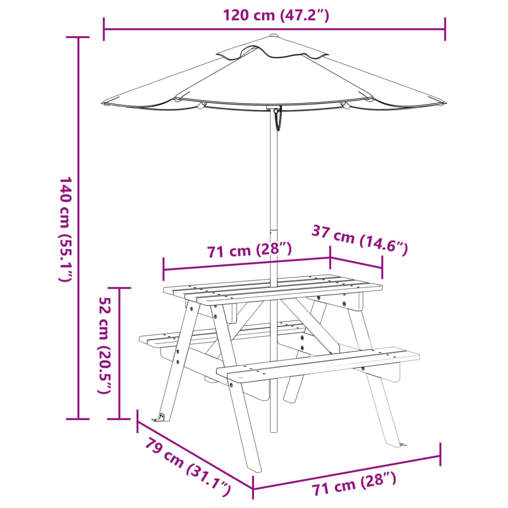 VXL8721102642692 g en hd 9 Masă de picnic pentru 4 copii, cu umbrelă, lemn masiv brad Masă de picnic pentru 4 copii, cu umbrelă, lemn masiv brad - imagine 11