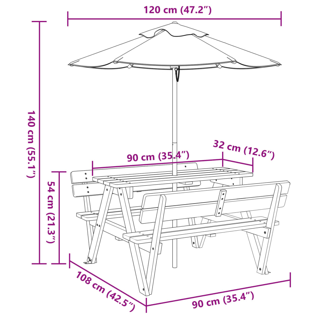 VXL8721102642746 g en hd 9 Masă de picnic pentru 4 copii, cu umbrelă, lemn masiv brad Masă de picnic pentru 4 copii, cu umbrelă, lemn masiv brad - imagine 11