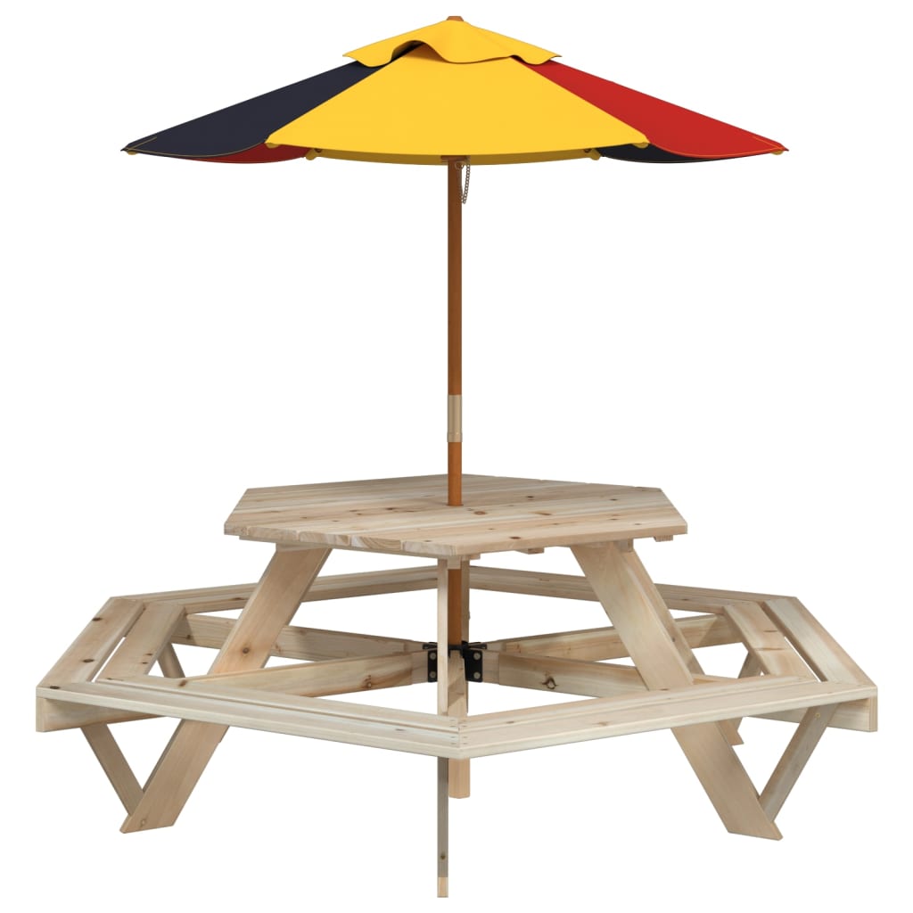 VXL8721102642791 a en hd 1 Masă picnic pentru 6 copii cu umbrelă, hexagon, lemn masiv brad Masă picnic pentru 6 copii cu umbrelă, hexagon, lemn masiv brad - imagine 2