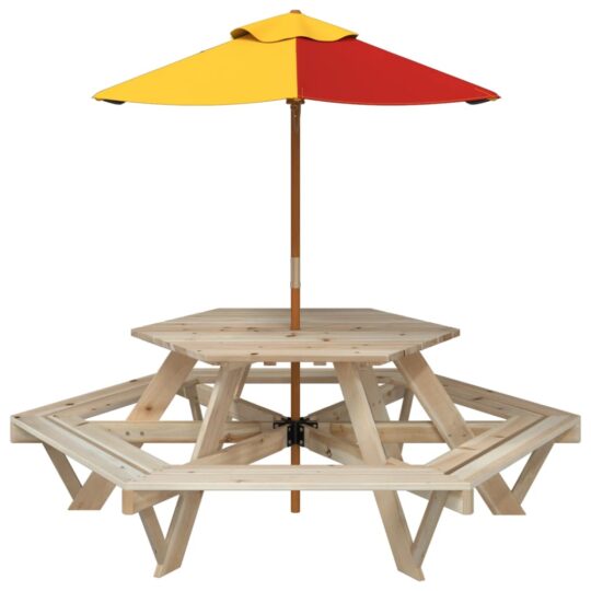 VXL8721102642791 g en hd 1 Masă picnic pentru 6 copii cu umbrelă, hexagon, lemn masiv brad VXL8721102642791 g en hd 1