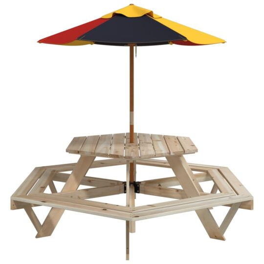 VXL8721102642791 g en hd 2 Masă picnic pentru 6 copii cu umbrelă, hexagon, lemn masiv brad VXL8721102642791 g en hd 2