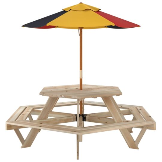 VXL8721102642791 g en hd 3 Masă picnic pentru 6 copii cu umbrelă, hexagon, lemn masiv brad VXL8721102642791 g en hd 3
