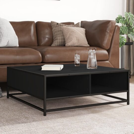 Măsuță de cafea, negru, 80x80x30 cm, lemn prelucrat și metal