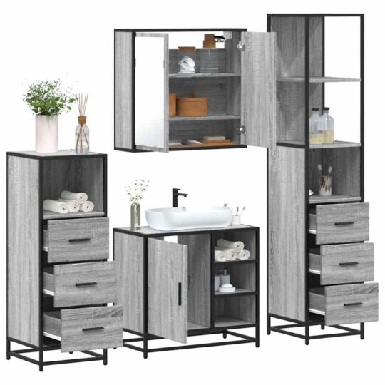 Set de mobilier de baie 4 piese Lemn stratificat gri Sonoma