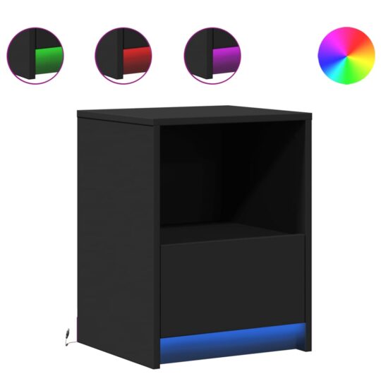 Alternative view of Noptiere cu lumini LED, 2 buc., negru, lemn prelucrat