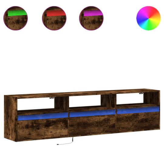 Alternative view of Dulap TV de perete cu lumini LED, stejar fumuriu, 180x31x45 cm