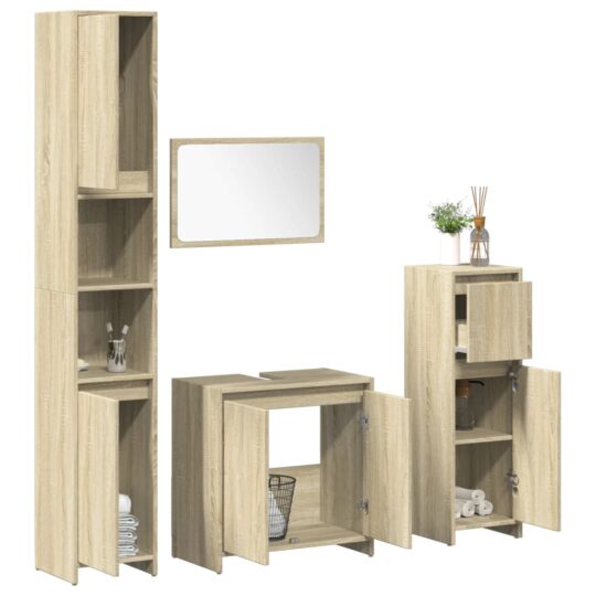 Set mobilier de baie, 4 piese, stejar sonoma, lemn prelucrat