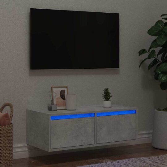 Comodă TV cu lumini LED, gri beton, 75x35,5x25 cm