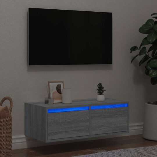 Comodă TV cu lumini LED, gri sonoma, 75x35,5x25 cm